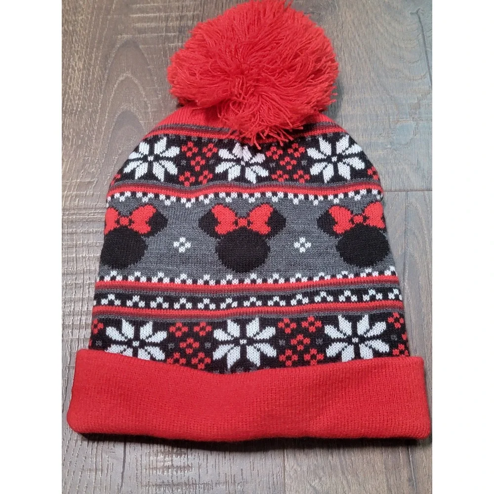 Disney Minnie Mouse Red Fair Isle‎ Knit Beanie Pom Pom Winter Hat Snowflake OSFM